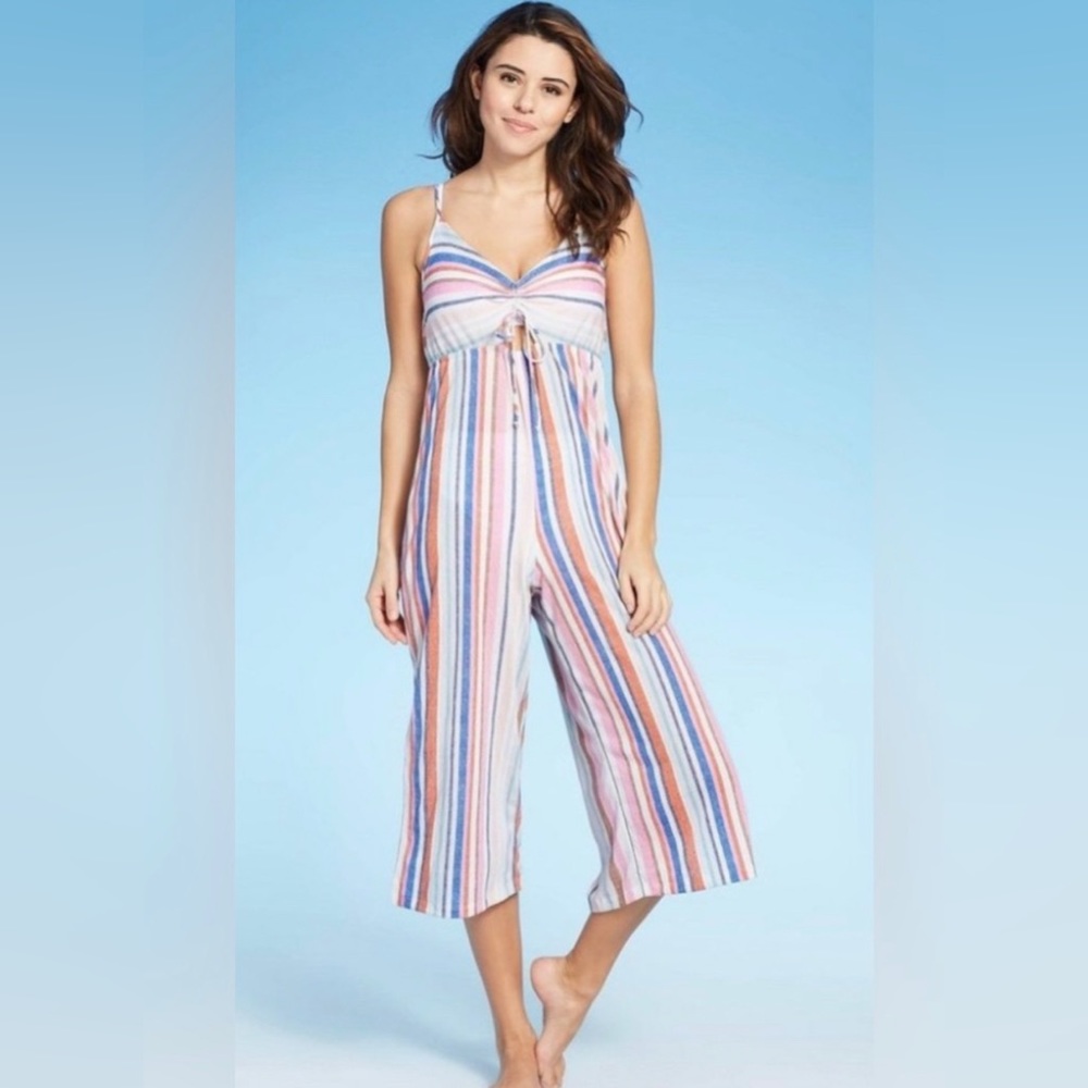 NEW NWT Xhiliration cropped multi colored cover up Romper Jumpsuit M key hole